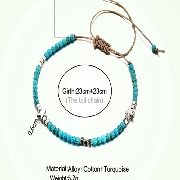 Star Beaded Anklet Hemp Adjustable Turquoise - Picture 7 of 10
